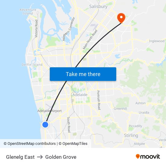 Glenelg East to Golden Grove map