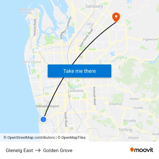 Glenelg East to Golden Grove map