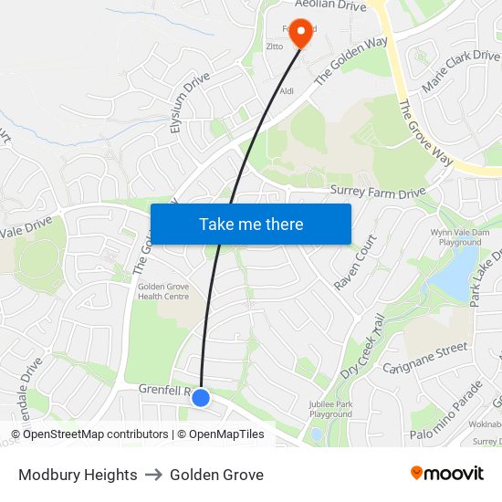 Modbury Heights to Golden Grove map