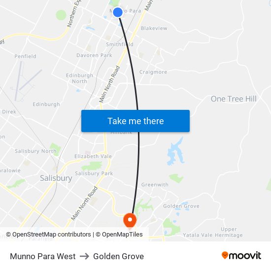 Munno Para West to Golden Grove map