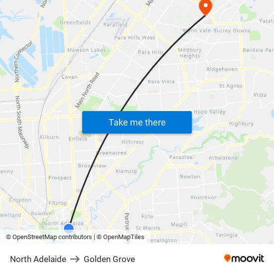 North Adelaide to Golden Grove map