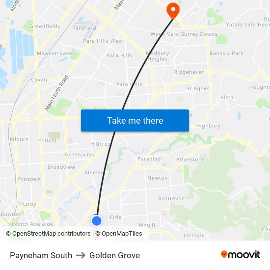 Payneham South to Golden Grove map