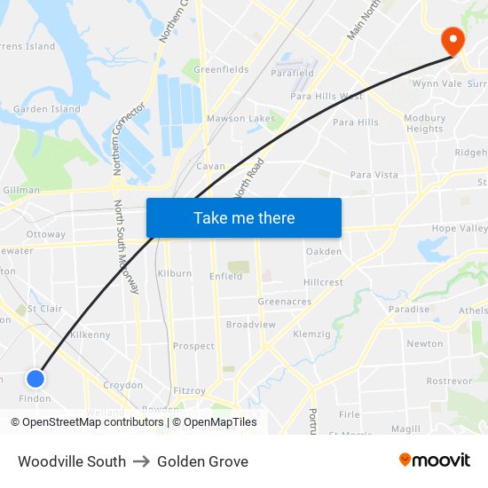 Woodville South to Golden Grove map