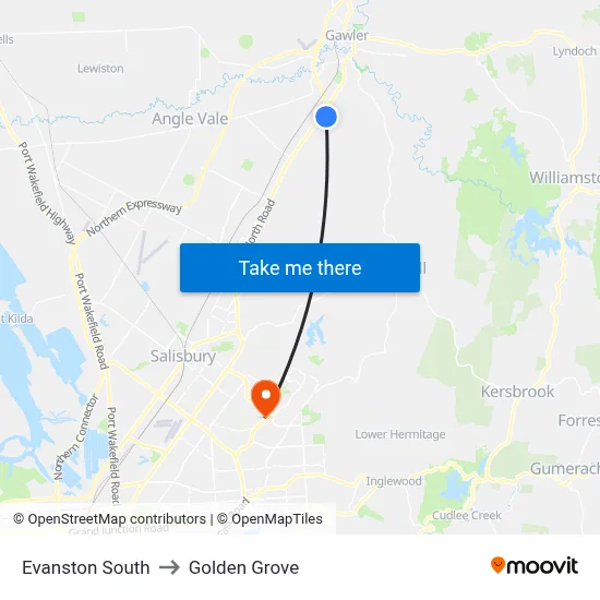 Evanston South to Golden Grove map