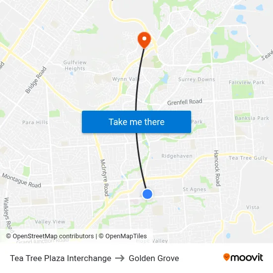 Tea Tree Plaza Interchange to Golden Grove map