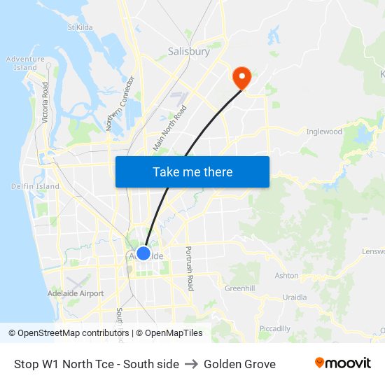 Stop W1 North Tce - South side to Golden Grove map