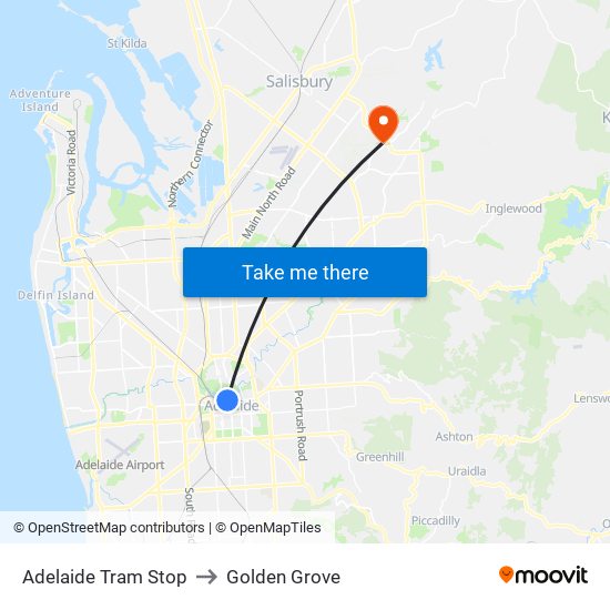 Adelaide Tram Stop to Golden Grove map