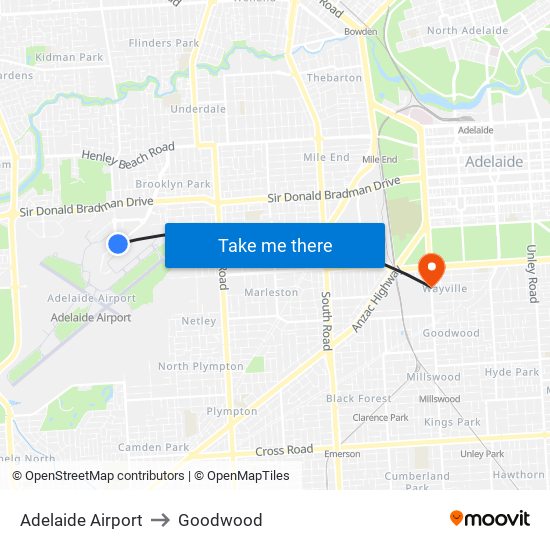 Adelaide Airport to Goodwood map