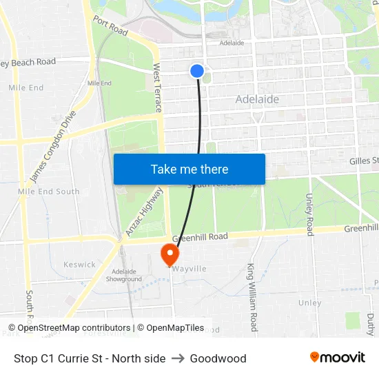 Stop C1 Currie St - North side to Goodwood map