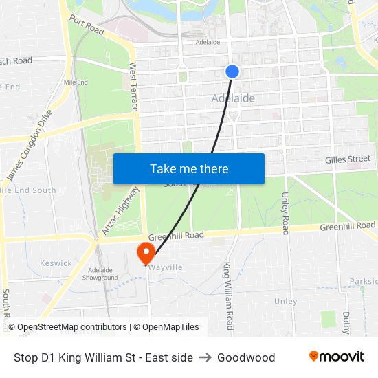 Stop D1 King William St - East side to Goodwood map
