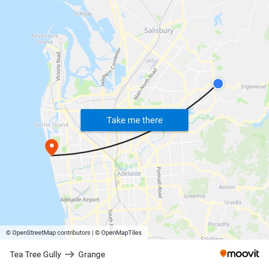 Tea Tree Gully to Grange map