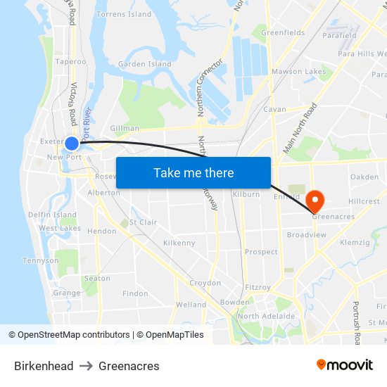 Birkenhead to Greenacres map