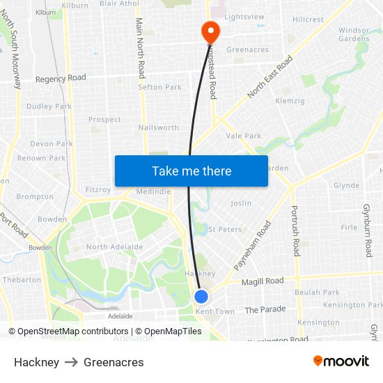 Hackney to Greenacres map