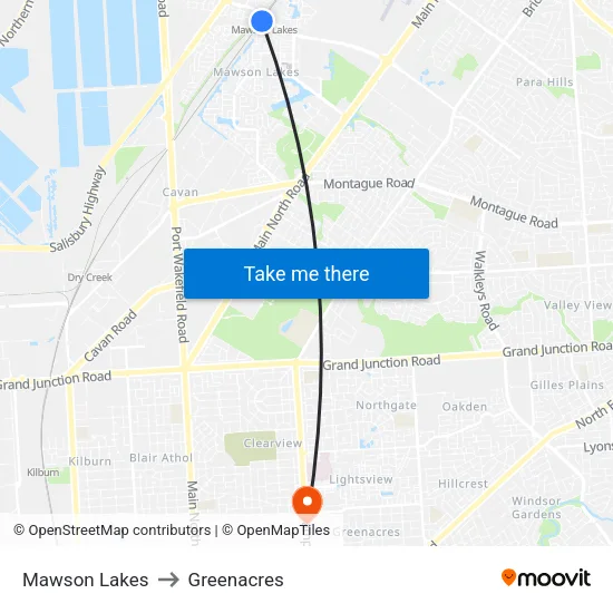 Mawson Lakes to Greenacres map