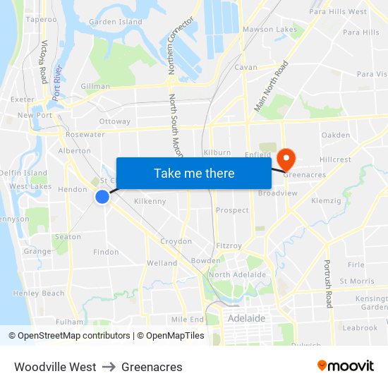 Woodville West to Greenacres map