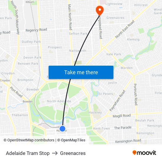 Adelaide Tram Stop to Greenacres map