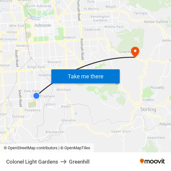 Colonel Light Gardens to Greenhill map