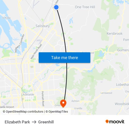 Elizabeth Park to Greenhill map