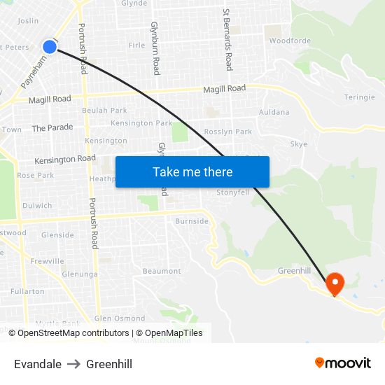 Evandale to Greenhill map