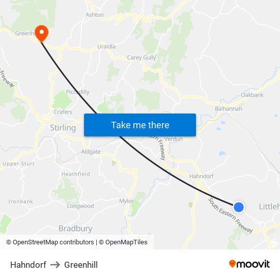 Hahndorf to Greenhill map