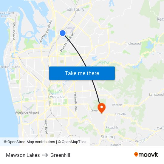 Mawson Lakes to Greenhill map