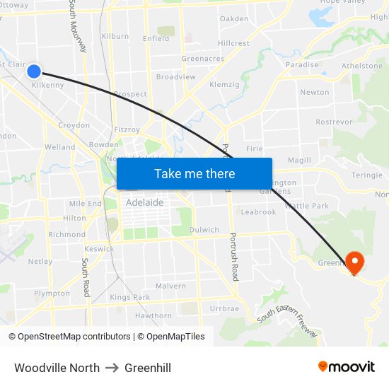 Woodville North to Greenhill map