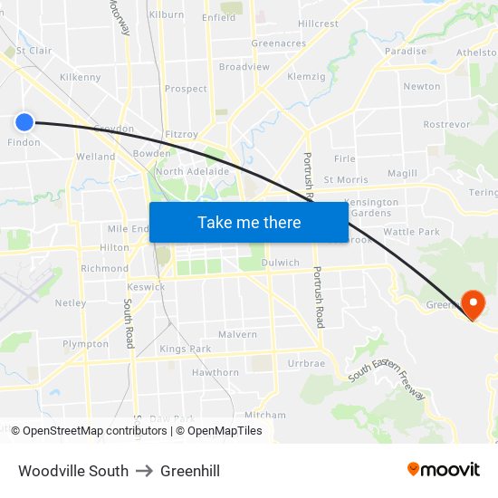 Woodville South to Greenhill map