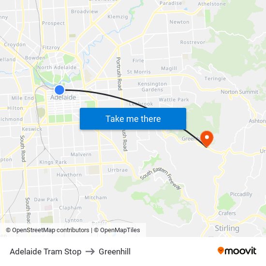 Adelaide Tram Stop to Greenhill map