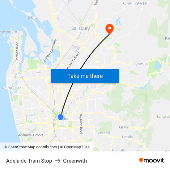 Adelaide Tram Stop to Greenwith map