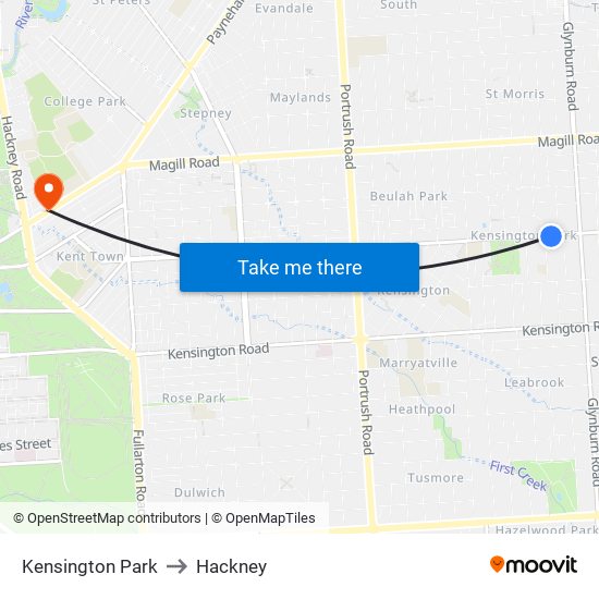 Kensington Park to Hackney map