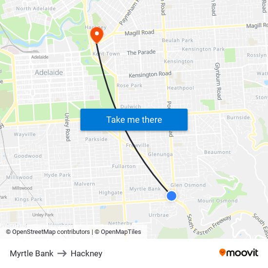 Myrtle Bank to Hackney map