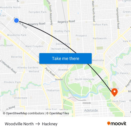 Woodville North to Hackney map