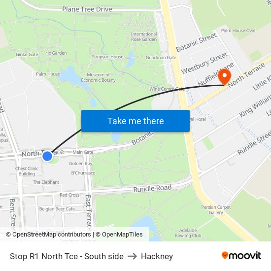 Stop R1 North Tce - South side to Hackney map