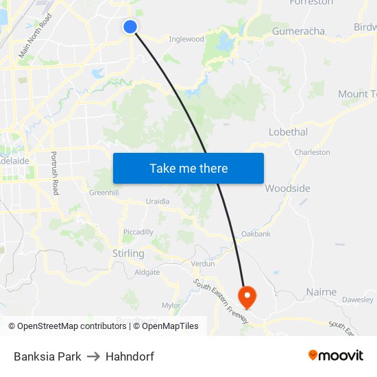 Banksia Park to Hahndorf map