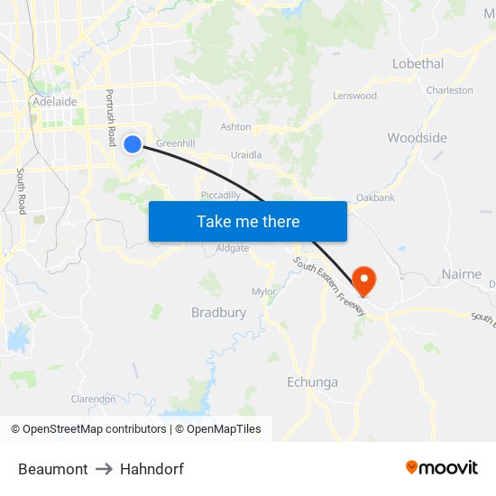 Beaumont to Hahndorf map