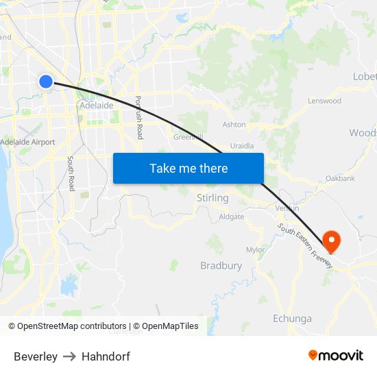 Beverley to Hahndorf map