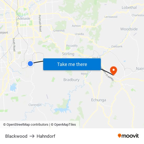 Blackwood to Hahndorf map