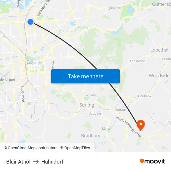 Blair Athol to Hahndorf map