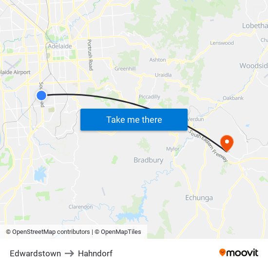 Edwardstown to Hahndorf map