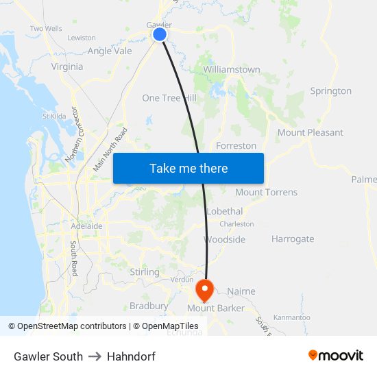 Gawler South to Hahndorf map