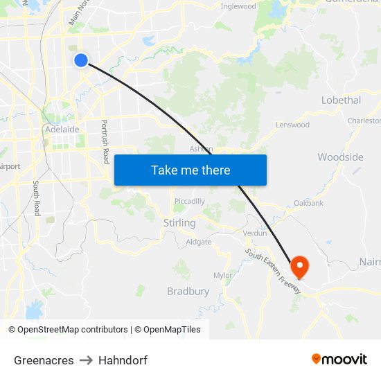 Greenacres to Hahndorf map