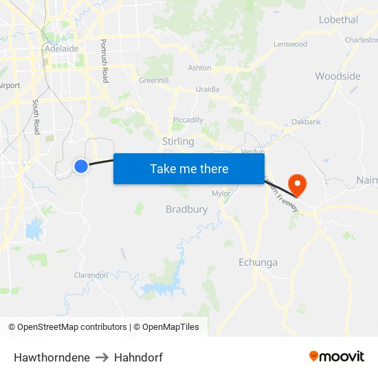 Hawthorndene to Hahndorf map