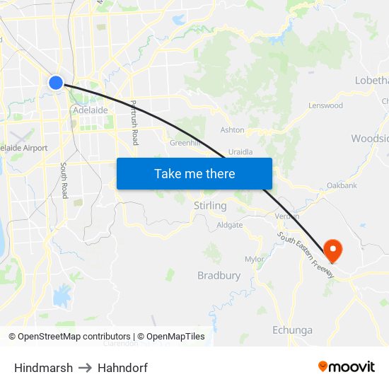 Hindmarsh to Hahndorf map