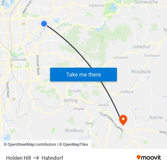 Holden Hill to Hahndorf map