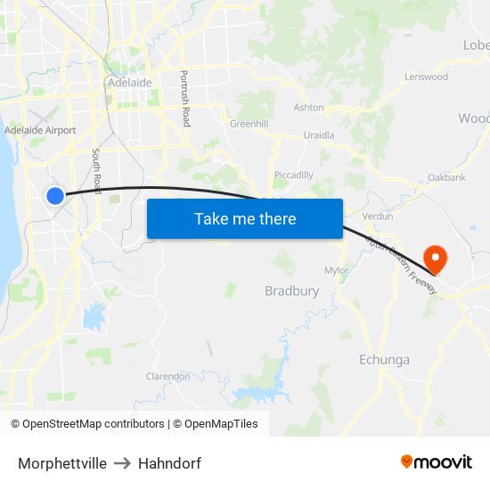 Morphettville to Hahndorf map