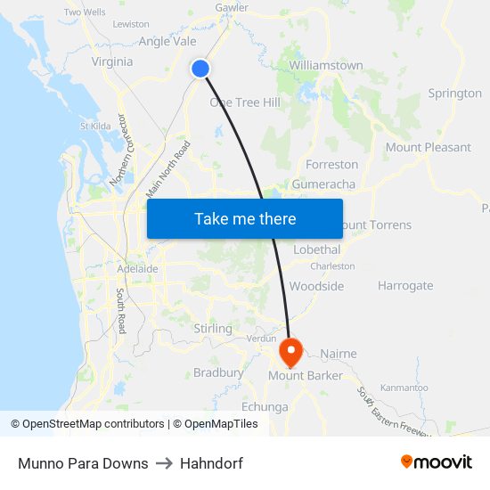 Munno Para Downs to Hahndorf map