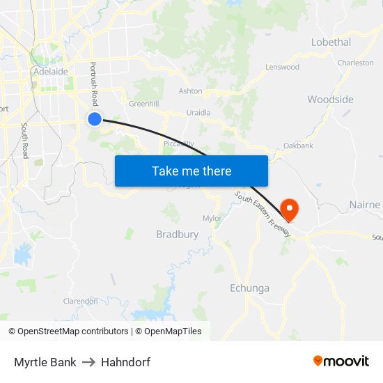 Myrtle Bank to Hahndorf map