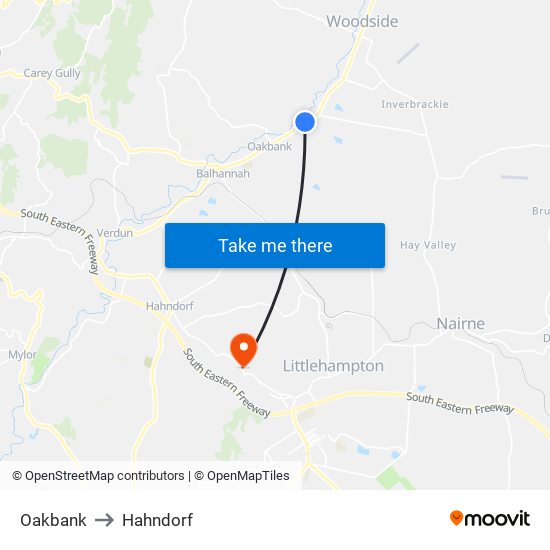 Oakbank to Hahndorf map