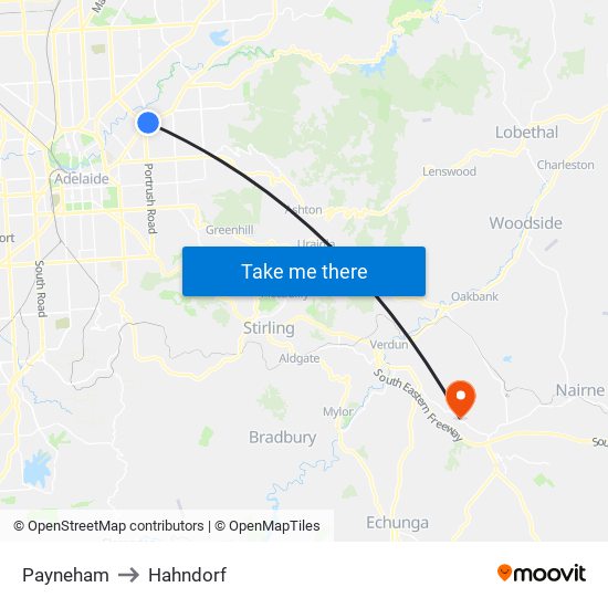 Payneham to Hahndorf map