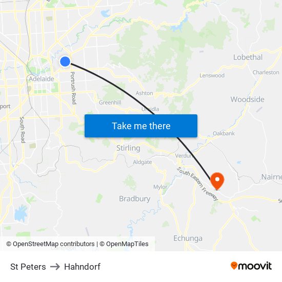 St Peters to Hahndorf map